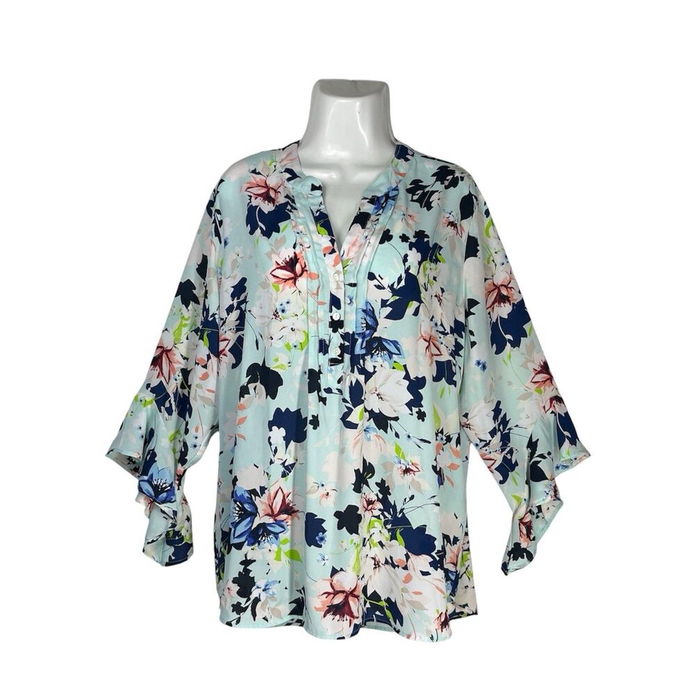 The Pioneer Woman XXL Blouse Blue Floral Ruffle 3/4 Sleeve Cottagecore Plus Top